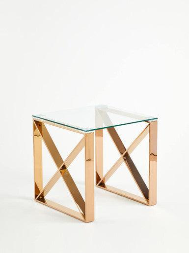 Rose Gold Stainless Steel Cross Legs End Table with Tempered Glass Top, Allure