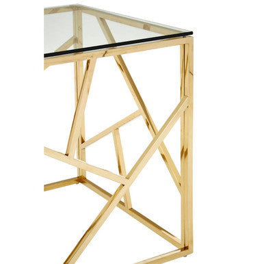Champagne Gold Geometric Stainless Steel End Table with Tempered Glass Top | Allure