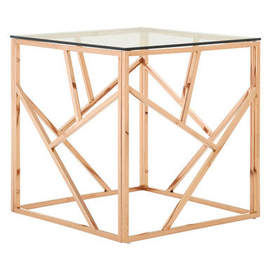 Rose Gold Geometric Stainless Steel End Table with Tempered Glass Top | Allure