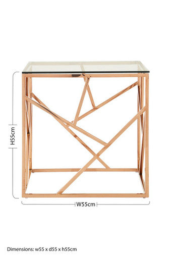 Rose Gold Geometric Stainless Steel End Table with Tempered Glass Top | Allure