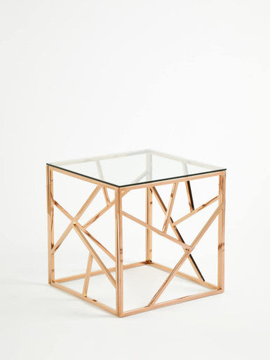 Rose Gold Geometric Stainless Steel End Table with Tempered Glass Top | Allure