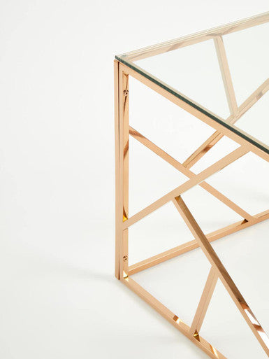 Rose Gold Geometric Stainless Steel End Table with Tempered Glass Top | Allure
