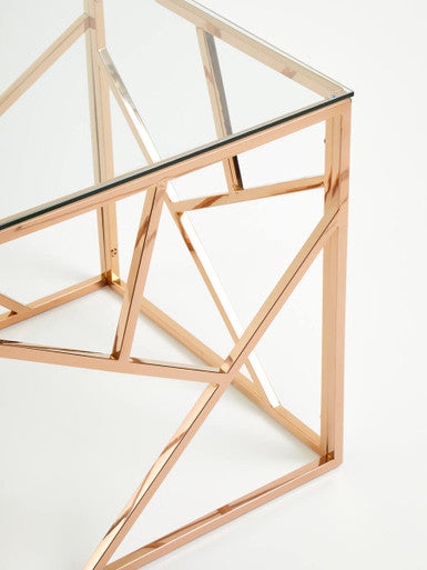 Rose Gold Geometric Stainless Steel End Table with Tempered Glass Top | Allure