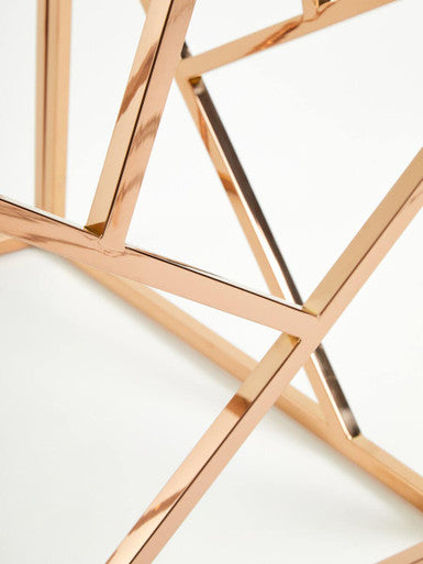 Rose Gold Geometric Stainless Steel End Table with Tempered Glass Top | Allure