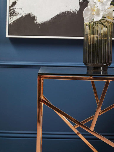 Rose Gold Geometric Stainless Steel End Table with Tempered Glass Top | Allure