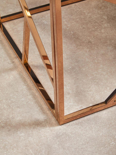 Rose Gold Geometric Stainless Steel End Table with Tempered Glass Top | Allure