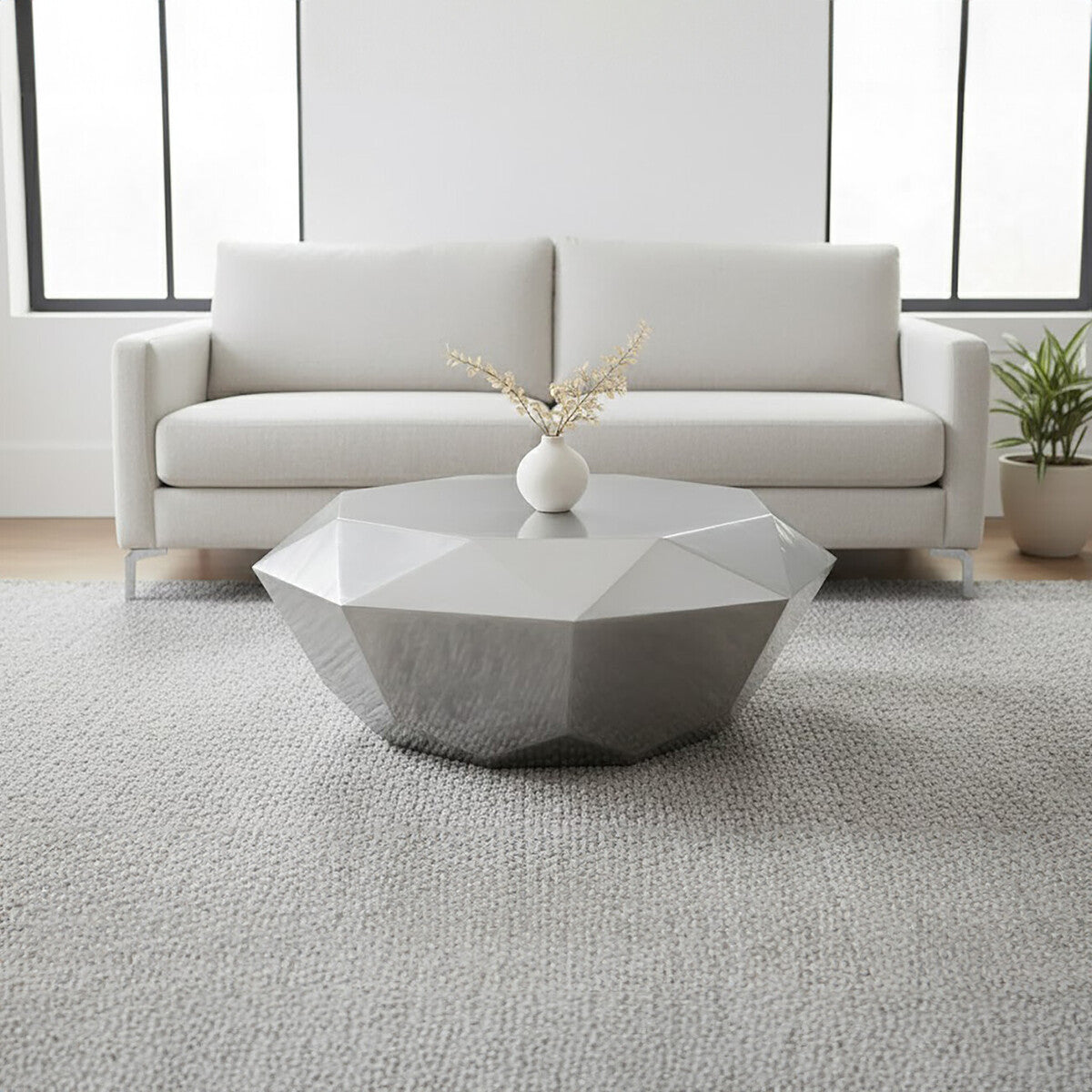 Silver Diamond Cut Stainless Steel Coffee Table with Hexagonal Tabletop | Allure