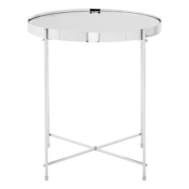 Mirrored Glass Round Top Side Table with Silver Chrome Band and Slim Metal Legs, Allure