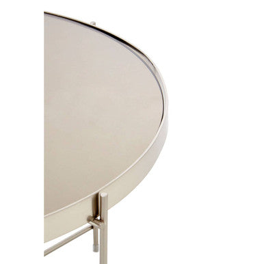 Large Round Grey Mirrored Side Table with Brushed Nickel Lattice Base | Allure