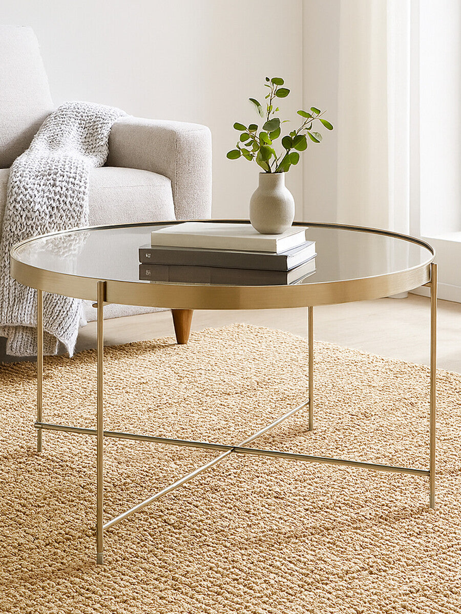 Large Round Grey Mirrored Side Table with Brushed Nickel Lattice Base | Allure