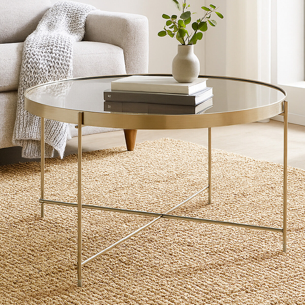 Large Round Grey Mirrored Side Table with Brushed Nickel Lattice Base | Allure