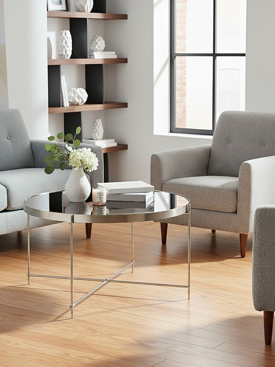 Large Round Grey Mirrored Side Table with Brushed Nickel Lattice Base | Allure