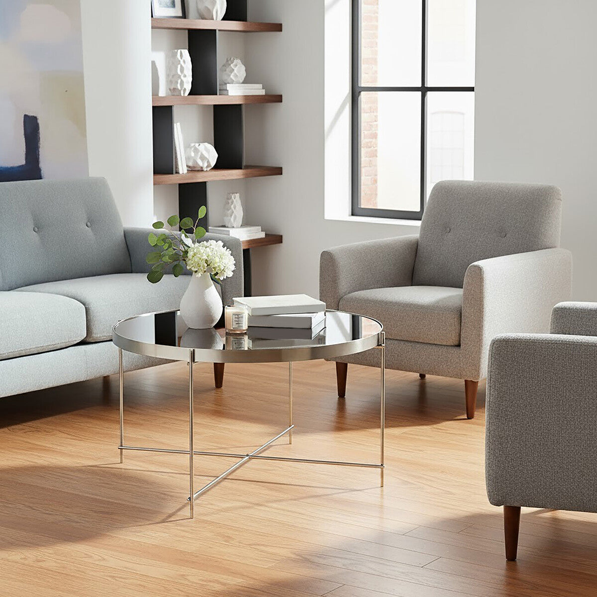 Large Round Grey Mirrored Side Table with Brushed Nickel Lattice Base | Allure