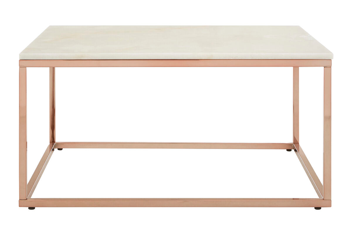 Square White Marble Top Coffee Table in Rose Gold Finish Stainless Steel Legs | Allure