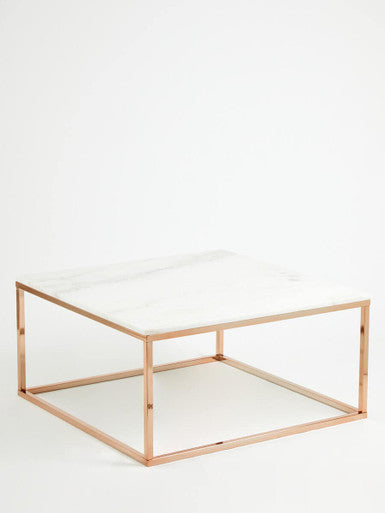 Square White Marble Top Coffee Table in Rose Gold Finish Stainless Steel Legs | Allure