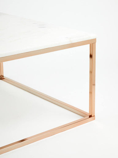Square White Marble Top Coffee Table in Rose Gold Finish Stainless Steel Legs | Allure