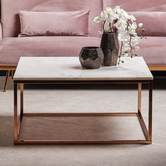 Square White Marble Top Coffee Table in Rose Gold Finish Stainless Steel Legs, Allure