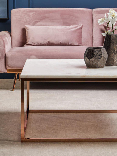 Square White Marble Top Coffee Table in Rose Gold Finish Stainless Steel Legs | Allure