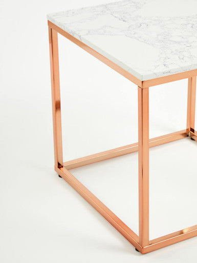 Square White Marble Top End Table with Rose Gold Metal Frame | Allure