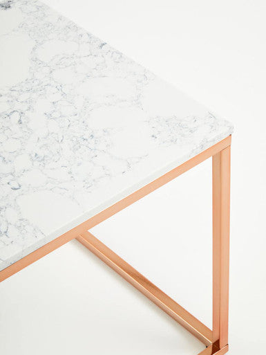 Square White Marble Top End Table with Rose Gold Metal Frame | Allure