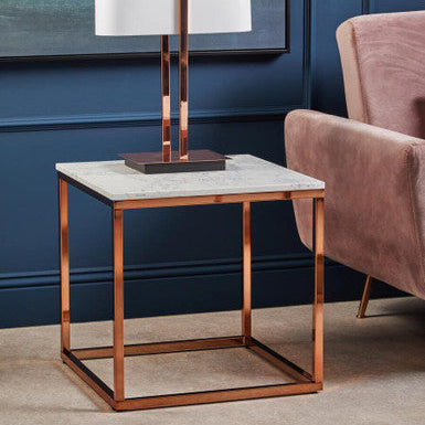 Square White Marble Top End Table with Rose Gold Metal Frame | Allure