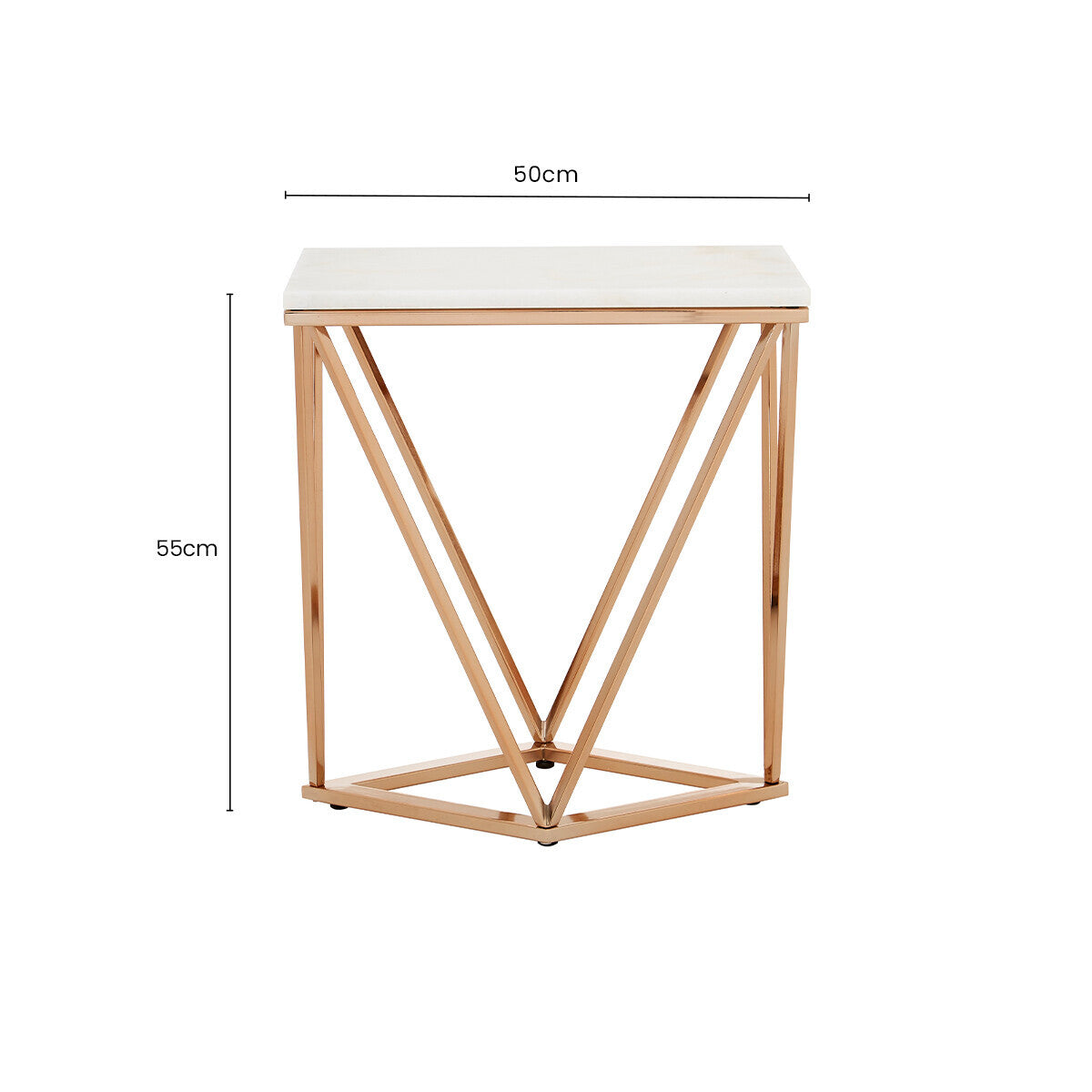 White Marble Champagne Rectangular End Table with Rose Gold Metal Frame, Allure