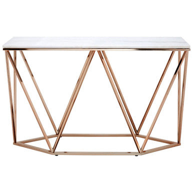 White Marble Champagne Rectangular Console Table with Rose Gold Metal Frame | Allure