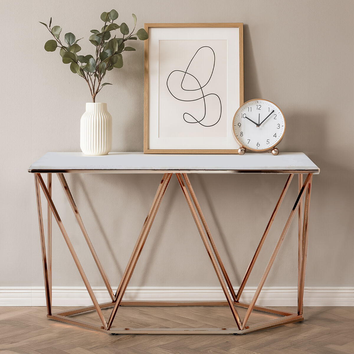 White Marble Champagne Rectangular Console Table with Rose Gold Metal Frame | Allure