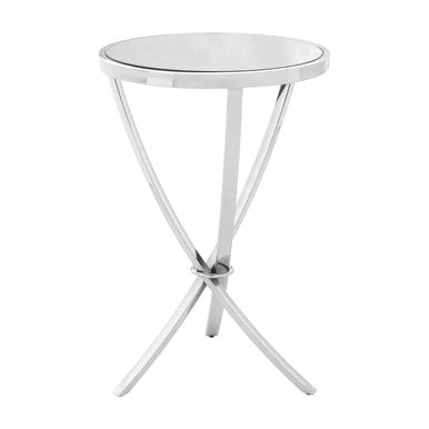 Silver Mirrored Glass Top Round Side Table with Bow-Shaped Metal Legs, Allure