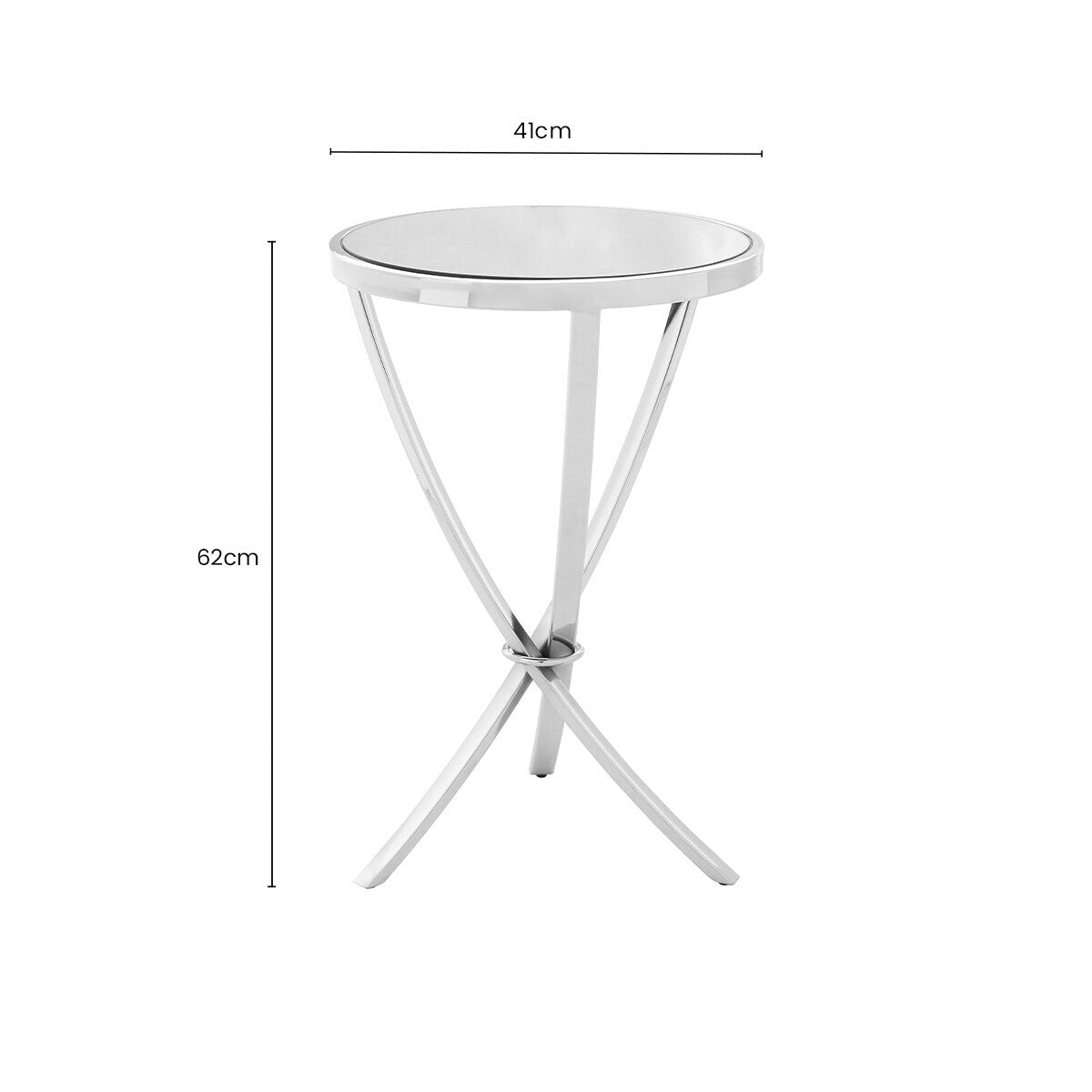 Silver Mirrored Glass Top Round Side Table with Bow-Shaped Metal Legs, Allure