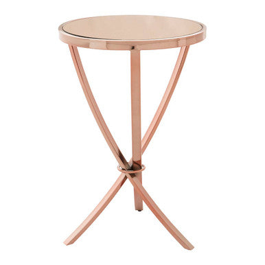 Rose Gold Mirrored Glass Top Round Side Table with Bow-Shaped Metal Legs | Allure