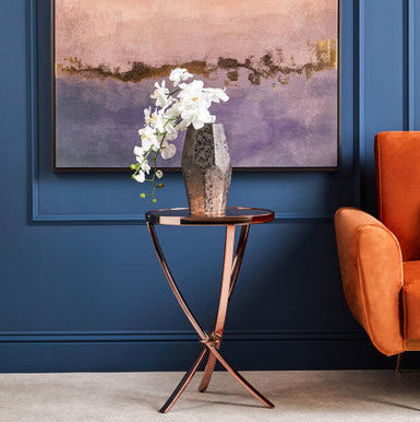 Rose Gold Mirrored Glass Top Round Side Table with Bow-Shaped Metal Legs | Allure