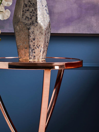 Rose Gold Mirrored Glass Top Round Side Table with Bow-Shaped Metal Legs | Allure