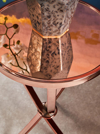 Rose Gold Mirrored Glass Top Round Side Table with Bow-Shaped Metal Legs | Allure