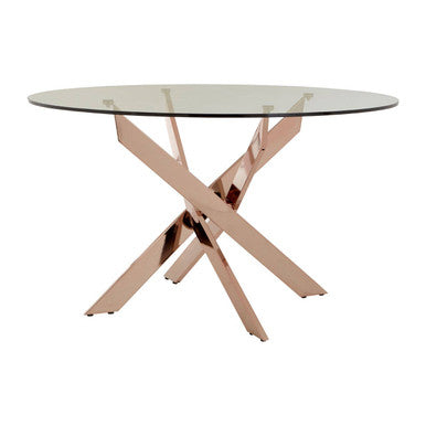 Round Tempered Glass Top Dining Table with Rose Gold Latticed Legs | Allure