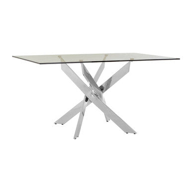 Rectangular Tempered Glass Top Dining Table with Intersecting Silver Chrome Base | Allure