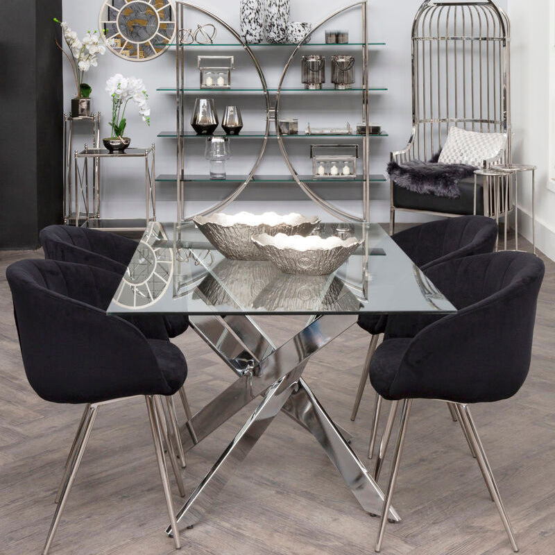 Rectangular Tempered Glass Top Dining Table with Intersecting Silver Chrome Base | Allure