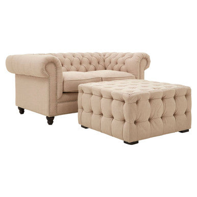 Stella Beige Linen Stool with Button Tufting