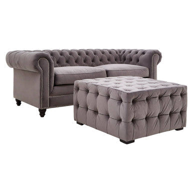 Stella Grey Velvet Stool with Button Tufting