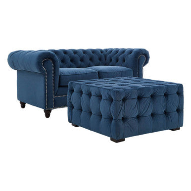 Stella Midnight Blue Velvet Stool with Button Tufting