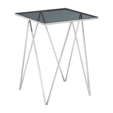 Black Square Tempered Glass Top Side Table with Polished Stainless Steel Zig-Zag Legs | Shalimar