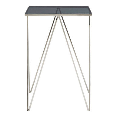Black Square Tempered Glass Top Side Table with Polished Stainless Steel Zig-Zag Legs | Shalimar