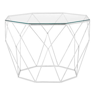 Tempered Glass Top Octagonal Coffee Table with Silver Metal Base | Shalimar