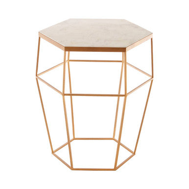 Hexagonal White Marble Top Side Table with Gold Iron Wireframe Base | Shalimar