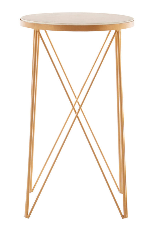 White Round Marble Top Boutique Style Side Table with Gold Latticed Legs, Shalimar