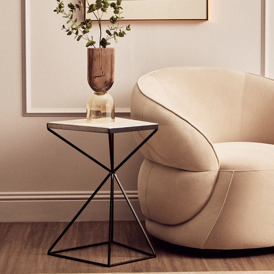Natural Marble Top Trapezoid Side Table with Matte Black Iron Legs, Shalimar