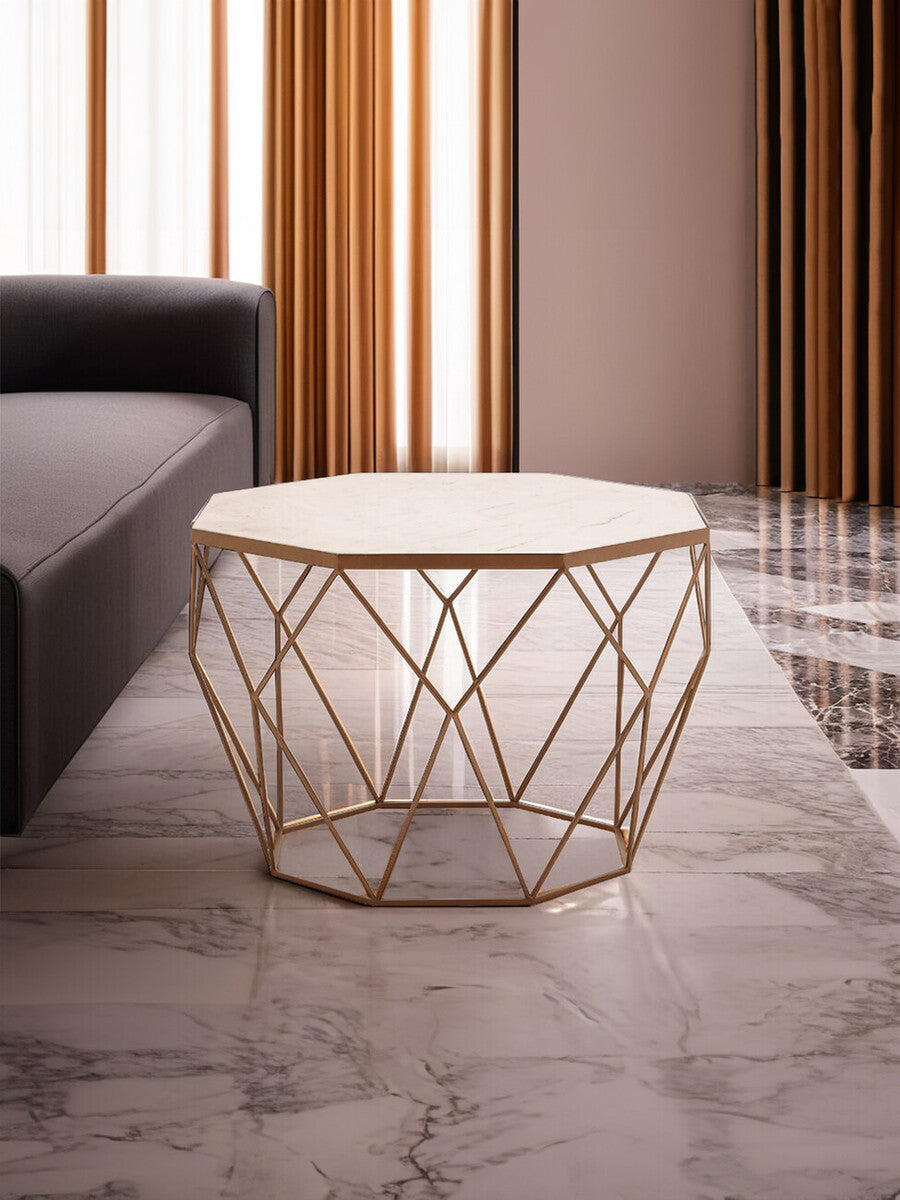 White Octagon Marble Top Coffee Table with Gold Metal Frame | Shalimar