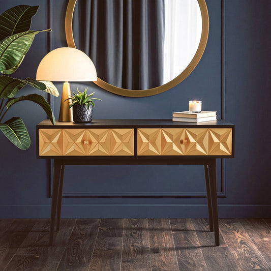 Black and Gold Mango Wood Console Table with Geometric Accents, Malta