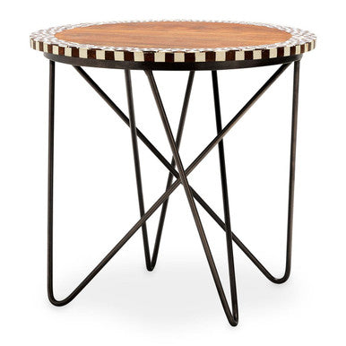 Natural Geometric Acacia Wood Round Side Table with Black Metal Legs | Artisan