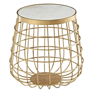 White Marble Top Side Table with Gold Brass Finish Latticed Metal Base | Nirav